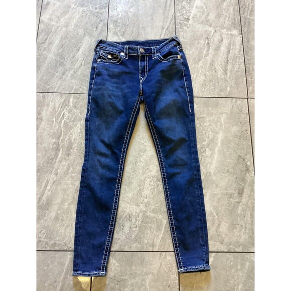 True Religion Jeans Womens 27 Blue Jennie Curvy Mid Rise Skinny Contrast Stitch - Picture 1 of 7